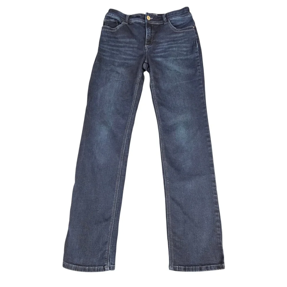 Chico's Jeans Sz 6 So Slimming Straight Leg Stretch Dark Wash Embellished Pocket
